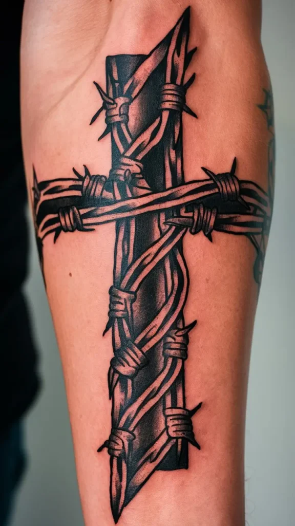 Barbed Wire Cross Tattoo design for Men on Forearm 2