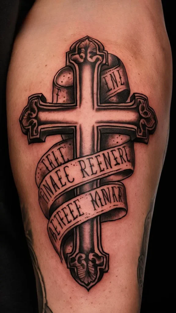 Cross with Banner Tattoo design for Men on Forearm 1