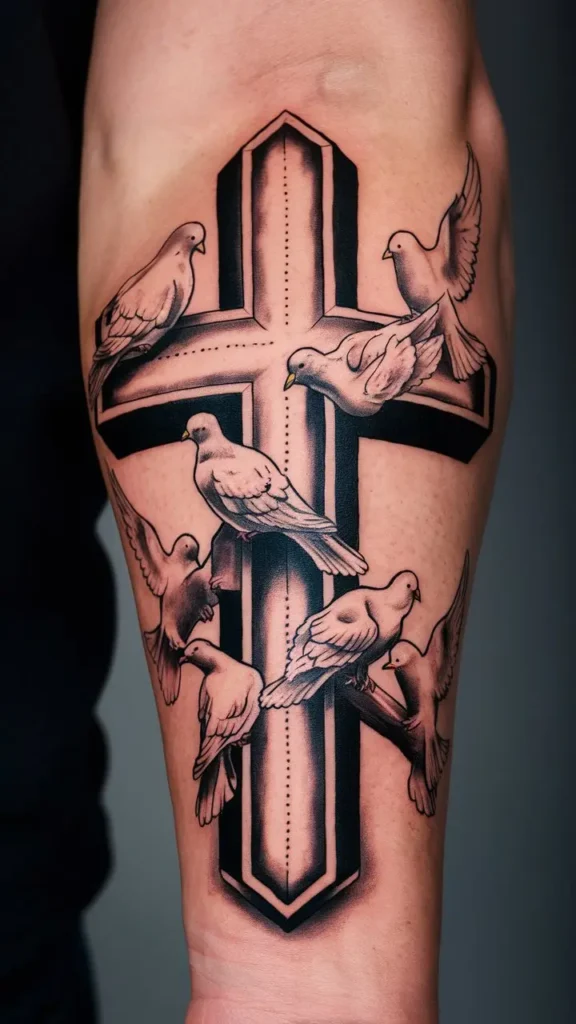 Cross with Doves Tattoo design for Men on Forearm 1