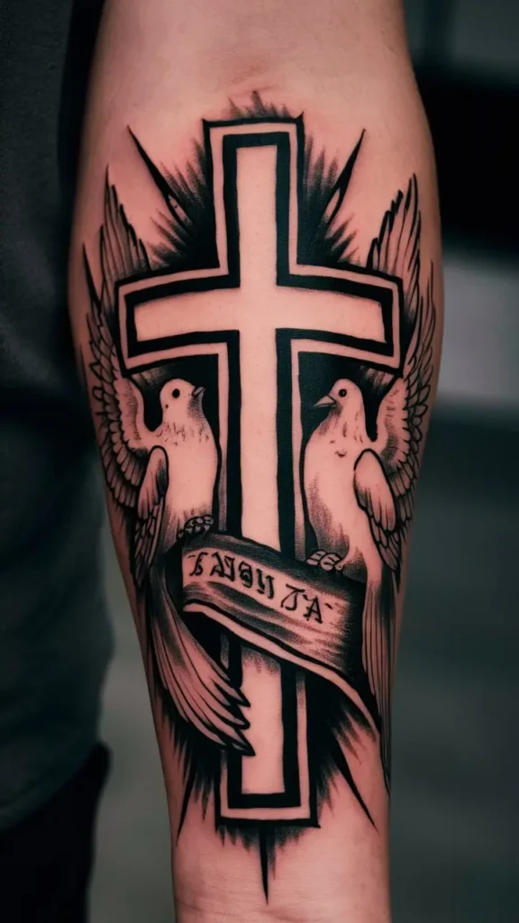 Cross with Doves Tattoo design for Men on Forearm 2