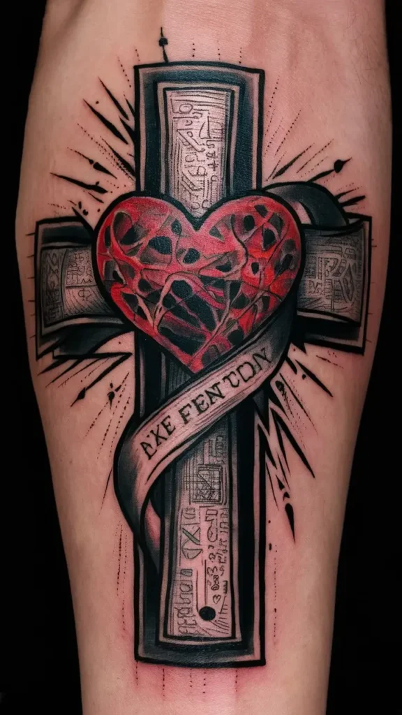 Cross with Heart Tattoo design for Men on Forearm