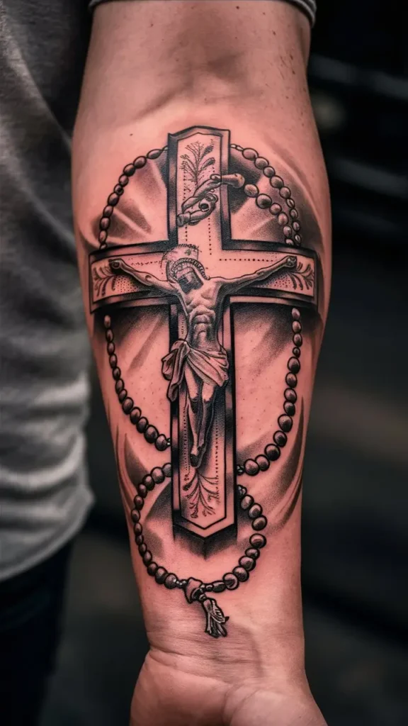 Cross with Rosary Tattoo design for Men on Forearm 1