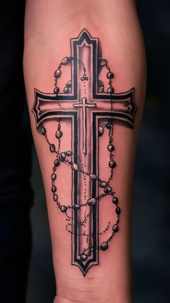 Cross with Rosary Tattoo design for Men on Forearm 2