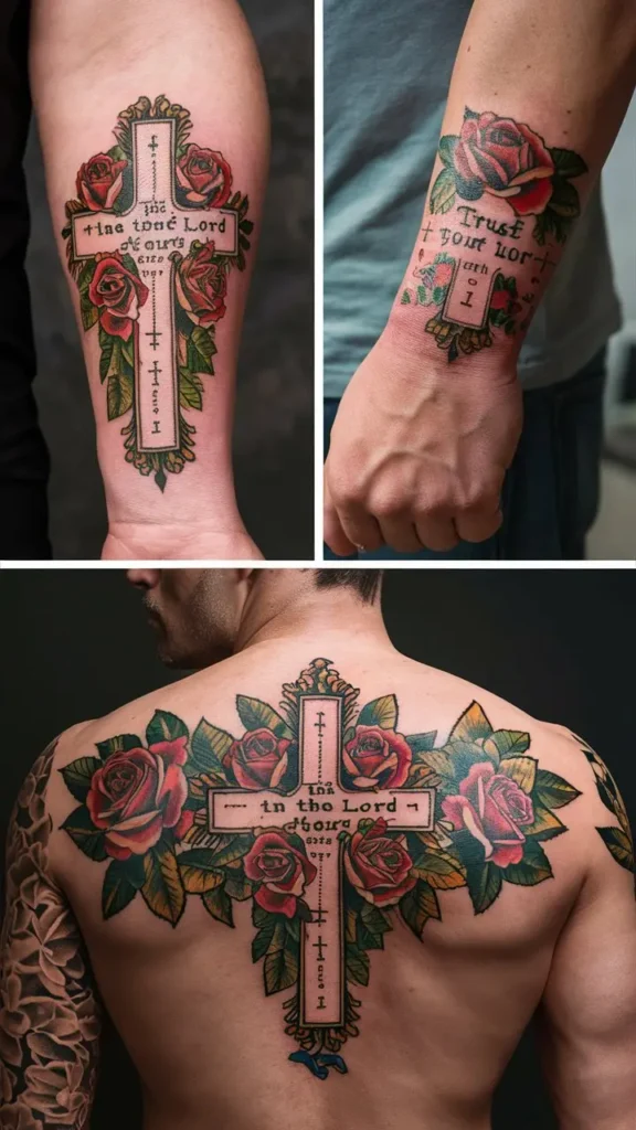 Cross-with-Roses-Tattoo-Design-for-men-with-this-Bible-verse-2