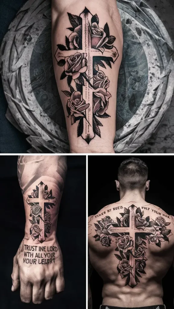 Cross-with-Roses-Tattoo-Design-for-men-with-this-Bible-verse