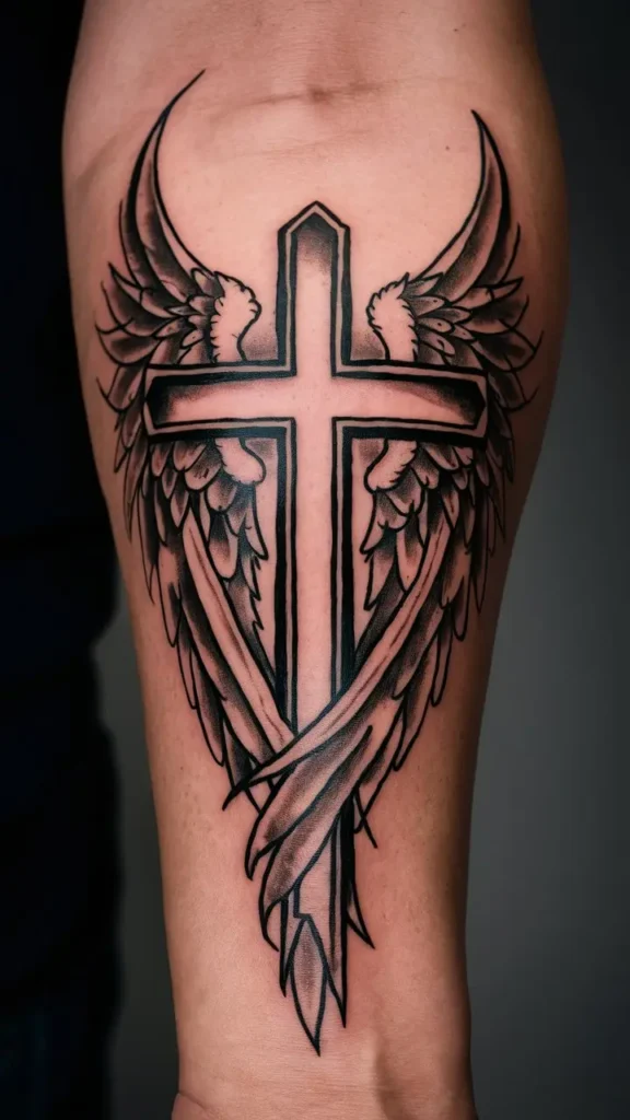 Cross with Wings Tattoo design for Men on Forearm 1