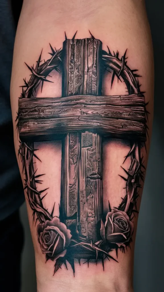 Wooden Cross Tattoo design for Men on Forearm 2