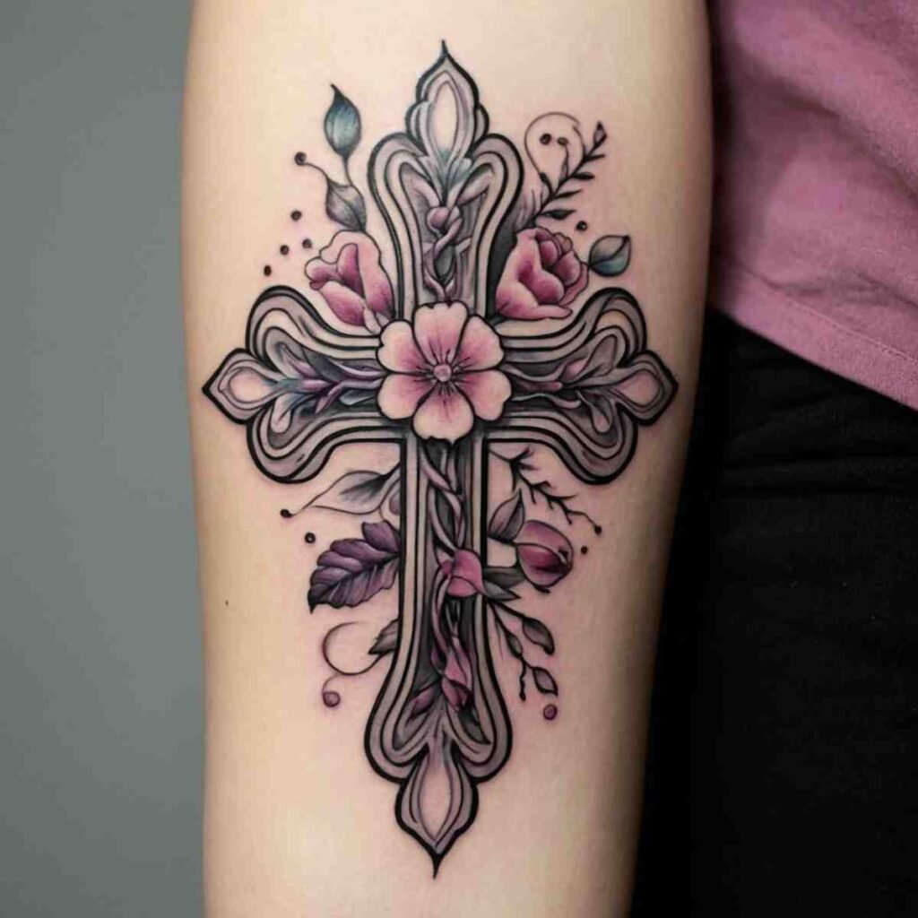 Delicate Floral Cross Tattoo Design for Women