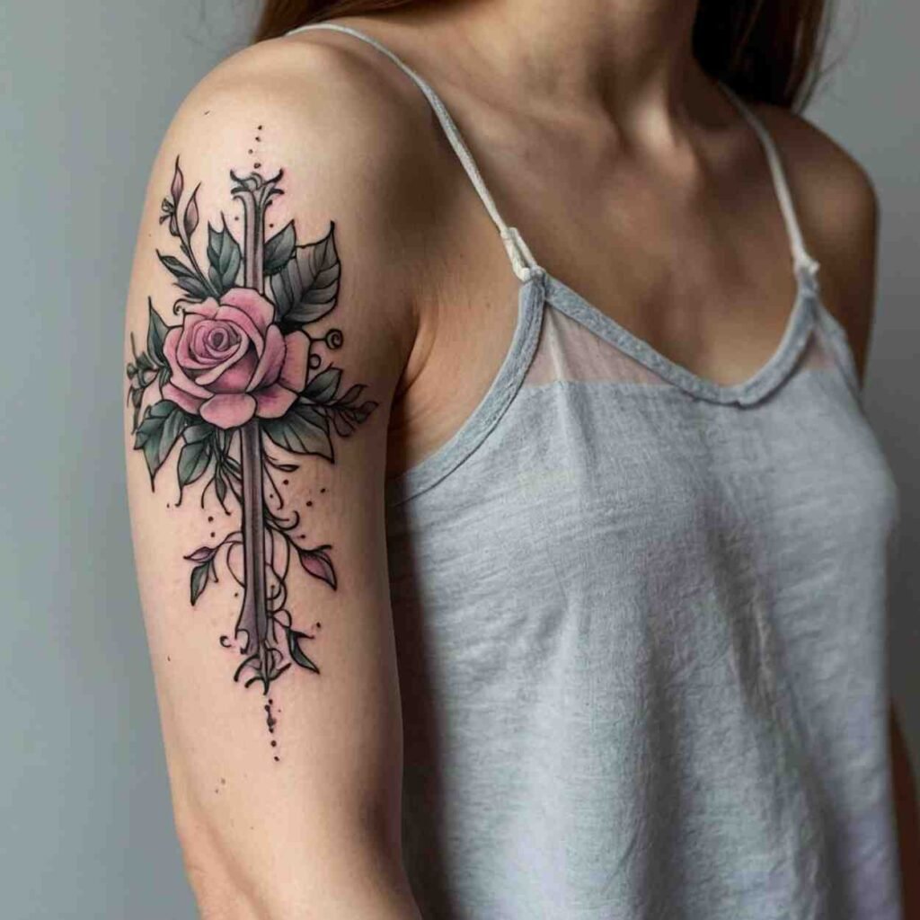 Delicate Floral Cross Tattoo Design for Women 2