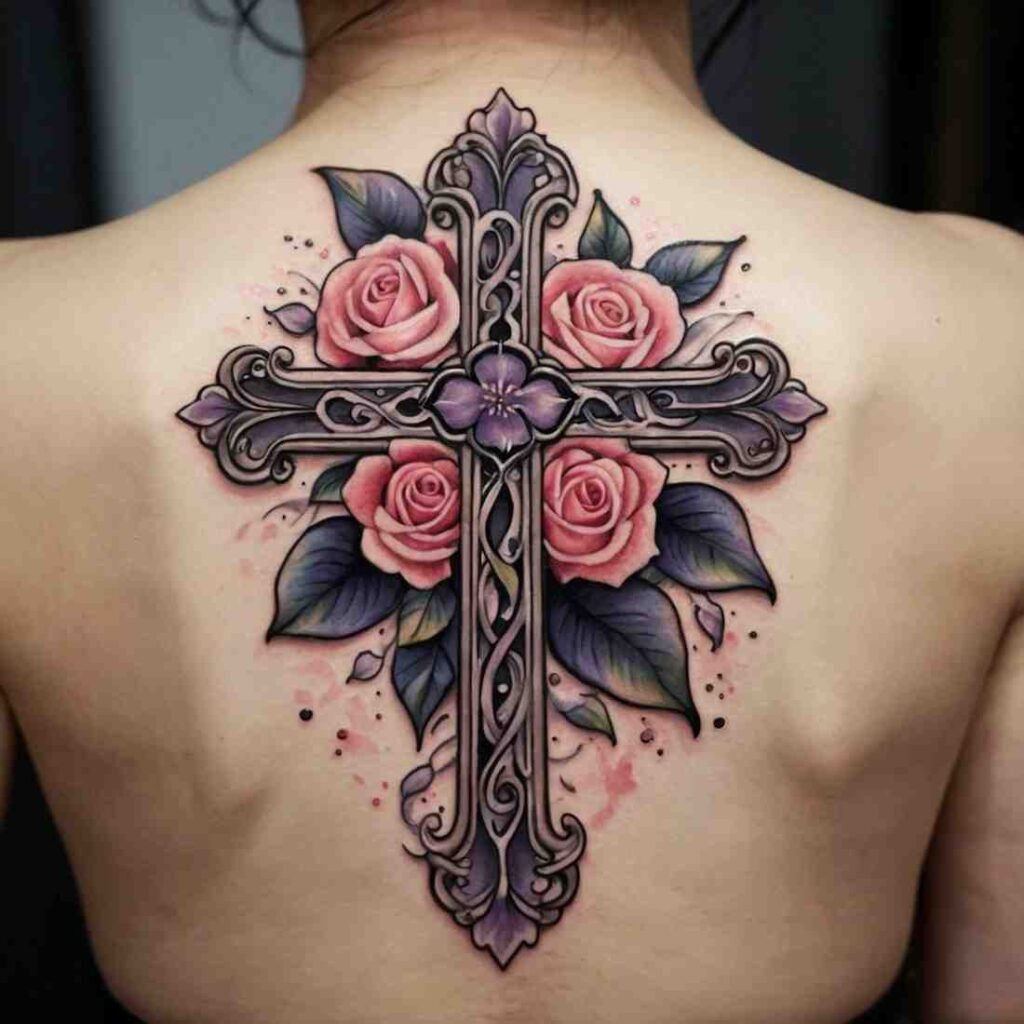 Delicate Floral Cross Tattoo Design for Women 3