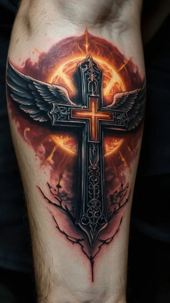 Cross with Wings and Halo Forearm Tattoo