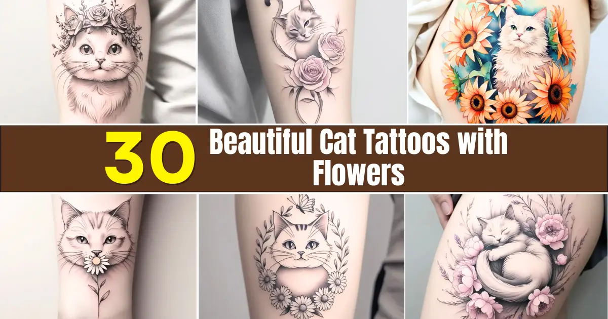 Beautiful Cat Tattoos with Flowers